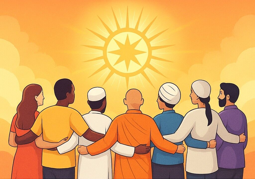 विश्वधर्म ग्रंथ: मानवता की एकता, आध्यात्मिकता और प्रकृति का प्राचीन चित्रण। अनेक हाथ मिलकर एक ज्योति प्रज्वलित कर रहे हैं, जिसके केंद्र में 'ॐ' अंकित है।